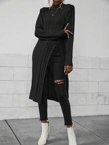 EMERY ROSE Casual Solid Color Stand Collar High Slit Sweater, Autumn/Winter - Black - View 7