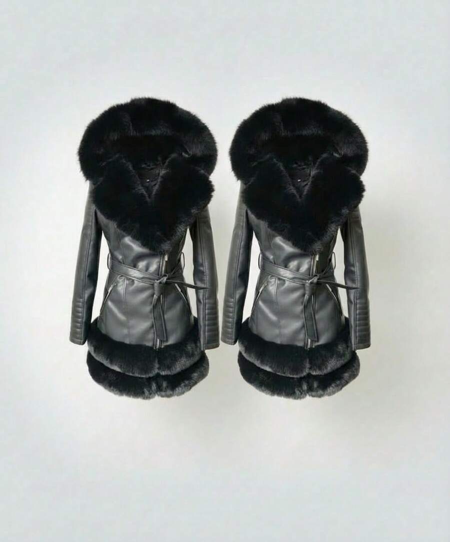 Abrigo Largo para Mujer con Cinturón y Detalle Tipo Peluche Elegante 2Pz - Negro - Ver 1