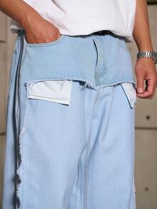 Manfinity EMRG Men's Street Fashion Patchwork Design Frayed Hem Loose Wide Leg Jeans, Spring/Summer Light Blue Pants - Baby Blue - View 5