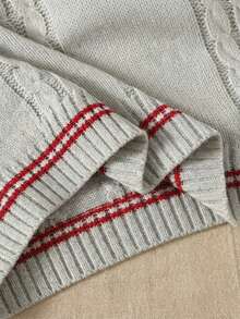 Teen Girls' Round Neck Knit Oversized Sweater Top, Cute Embroidered Cable Knit Texture In Fall/Winter - Grey - View 6