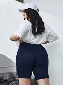 SHEIN EZwear Quần legging ngắn dáng suông màu xanh hải quân dành cho nữ, cỡ lớn, có gân. - Màu xanh hải quân - Xem 5