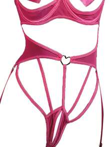 SpicyHot 5pcs/Set Pink Summer Sexsy Party Wedding Guest Music Festival Lace-Up Hollow Out Bodysuit With Underwire,Includes:Bodysuit+Nipple Pasties+Leg Garters - Hot Pink - View 3