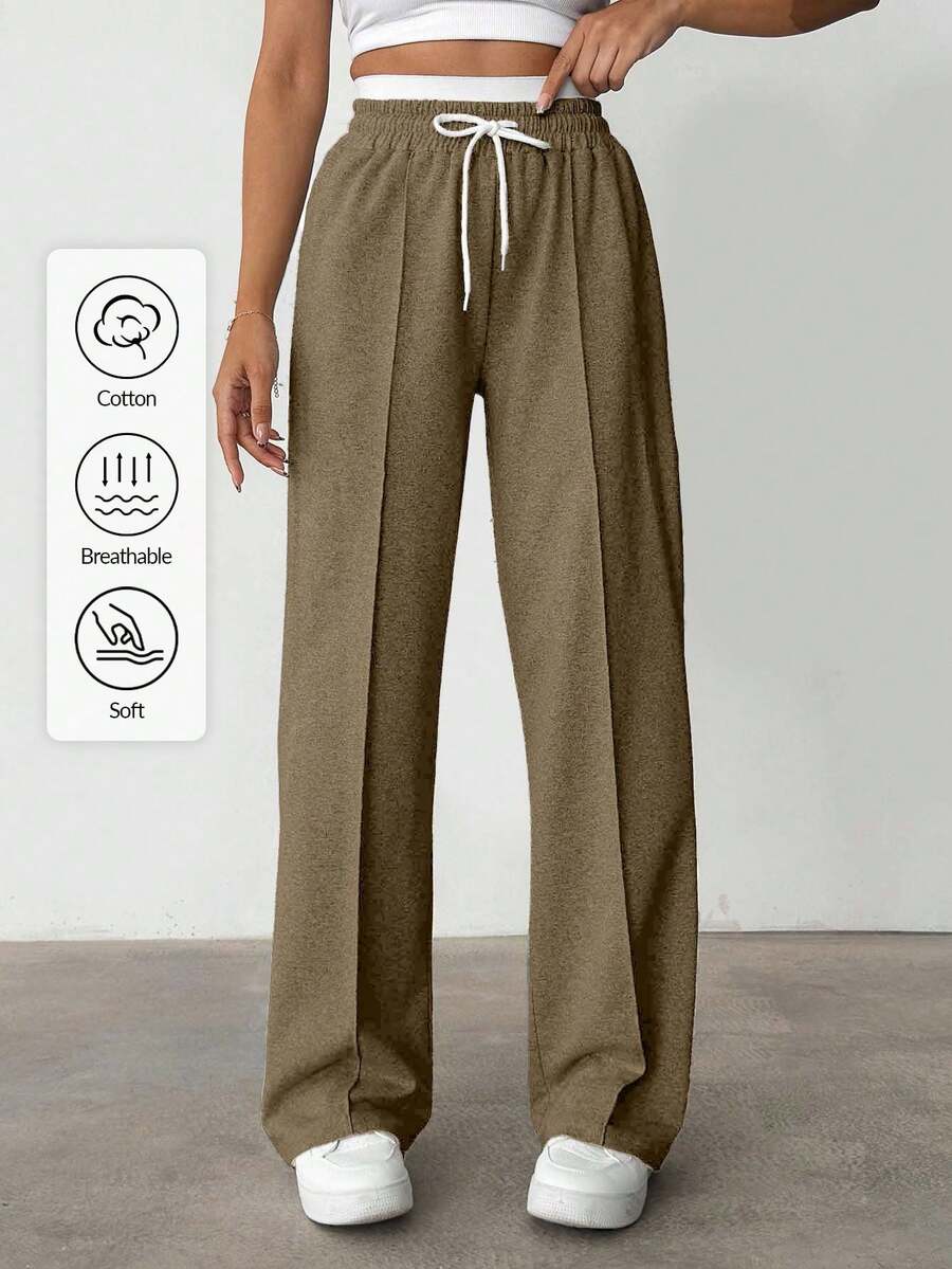 EURMUSE Cotton Drawstring Waist Seam Front Casual Sweatpants - Mocha Brown - View 1