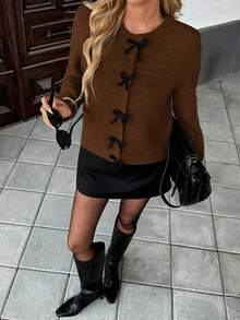 SHEIN PariChic Women's Bow Button Long Sleeve Knitted Cardigan, Autumn/Winter - Brown - View 4