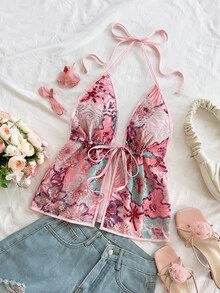 Soleia Casual Neck Tie Leopard Print Backless Camisole - Pink - View 1