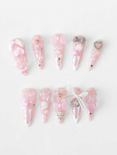 ROMWE Anime 10 Pieces Of Cute Style Bow Wings Rose Star Love Crown Elements High Quality Handmade Fake Nails + 3 Pieces Of Double-Sided Tape, Sweet French Removable Long Almond-Shaped Wearing Armor, Suitable For Holiday Parties, Proms And Daily Wear.