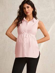 MaterniWear Maternity Casual Solid Color Front Button Lapel Tank Top, Summer - Pink - View 4