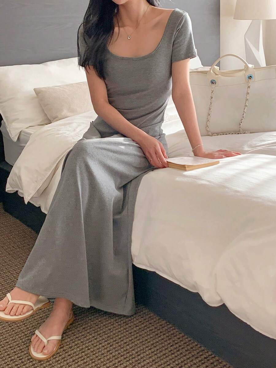 DAZY Women's Square Neck Bodycon Mid-Length Dress, Grey Short Sleeve - Grey - View 1