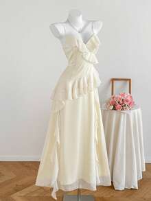 Comfortcana Women's Elegant Solid Color Ruffle Strap Dress, Summer Long Birthday Dress - Apricot - View 6