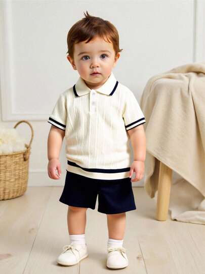 Souflis Souflis 2pcs/Set Baby Boys' French Style White Short Sleeve Shirt And Navy Shorts Set, Suitable For Spring/Summer, Vacation, School And Other Occasions