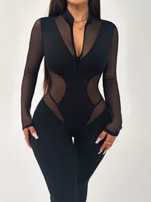 Core Rhythm 女士黑色网眼拼接运动连体衣