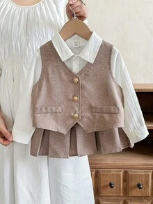 LMoss Kids Young Girls Button Vest & Pleated Skirt Set - Khaki - View 8