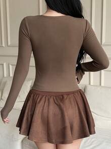 DAZY Women's Solid Color Minimalist 2 In 1 Tight Fit T-Shirt Y2k Spring - Brown - View 4