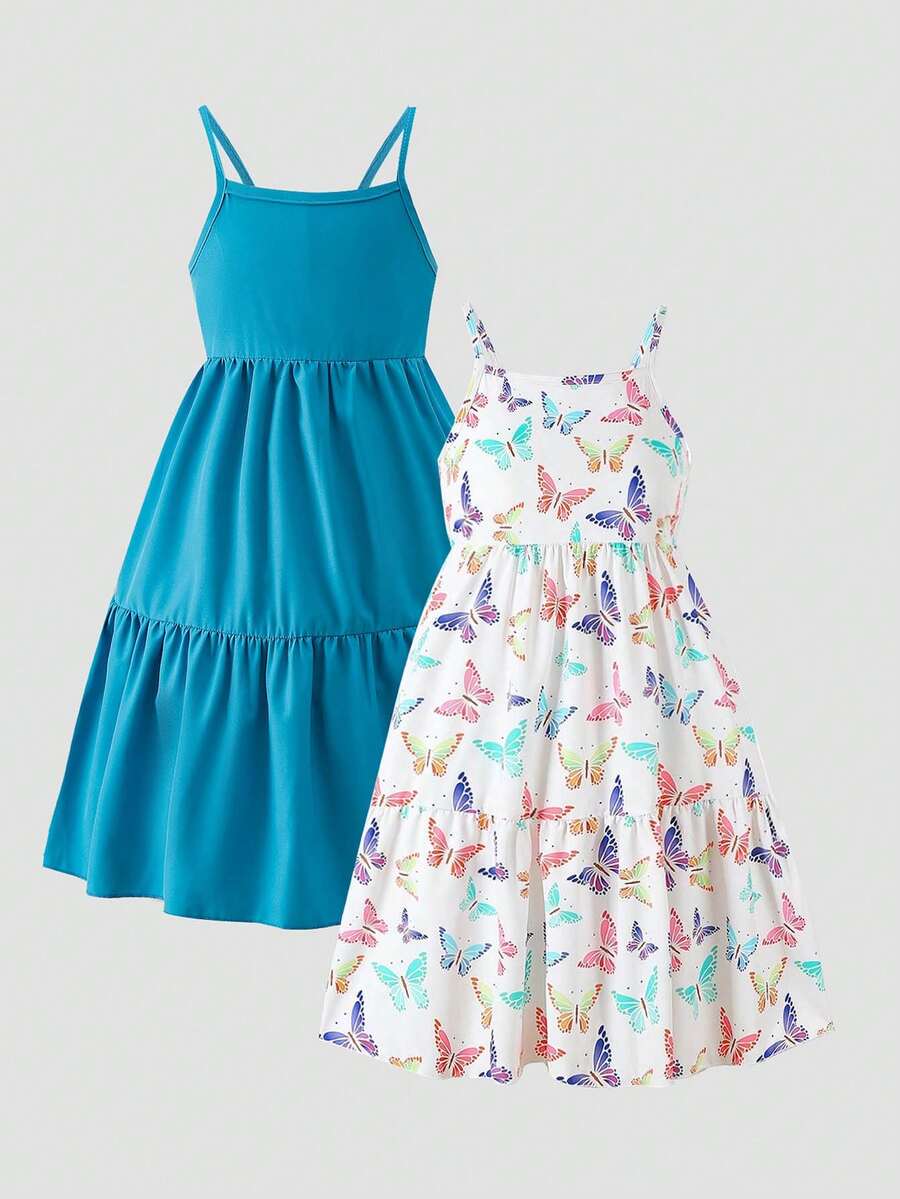 SHEIN Elladie kids Bộ váy hai mảnh in hình bướm nhiều màu sắc dành cho bé gái tuổi teen, màu xanh dương. - Màu xanh ngọc - Xem 1