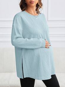 SHEIN Áo nỉ xẻ tà màu trơn đơn giản thời trang mùa thu cho bà bầu - Màu xanh nhạt - Xem 6