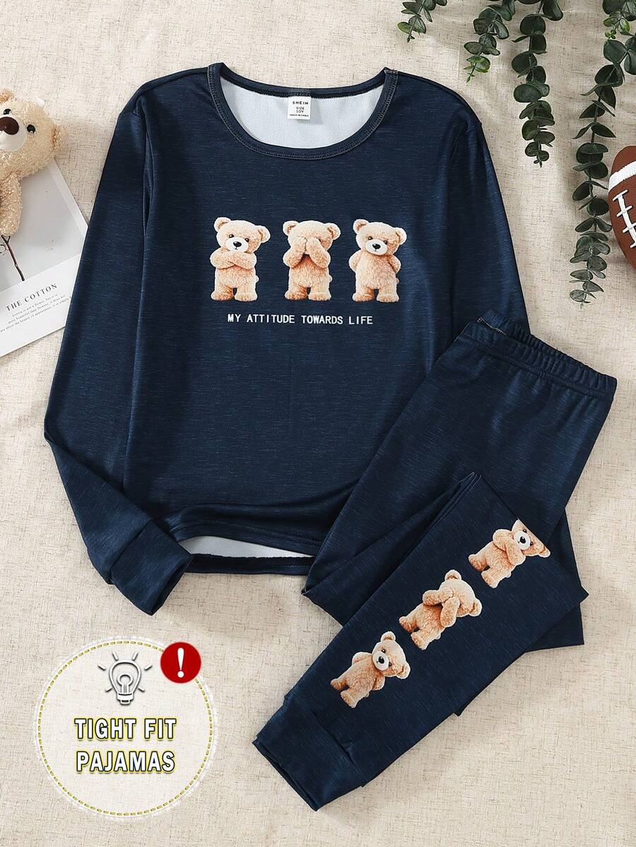 男童修身简约日常及圣诞节印花圆领长袖上衣和全印花睡裤套装（2件套） - 寶藍色 - 查看 1