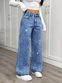 SHEIN PETITE Quần jean ống rộng, dáng rộng, thường ngày, có túi đính đá giả cho nữ - Rửa tối - Xem 4