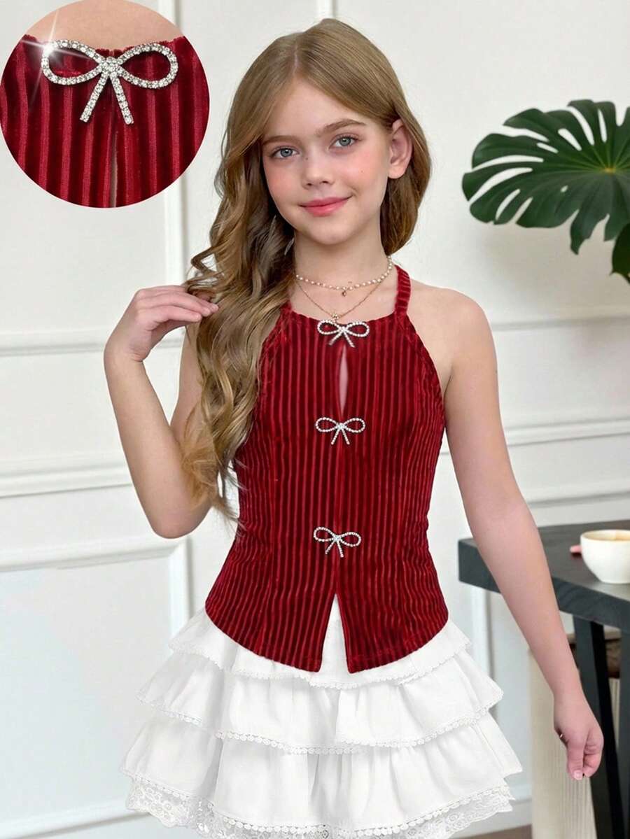 SHEIN Tween Girl Black Knit Fitted Rhinestone Bow Decor Slit Halter Neck Chic Camisole Top, Y2K, Back To School, Mommy And Me Matching - Red - View 1