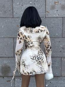 Alexandranx Váy dài tay buộc trước họa tiết da báo dành cho nữ - Màu be - Xem 2