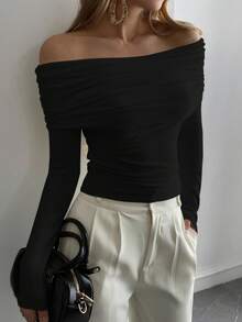 DAZY Women's Off Shoulder Fitted T-Shirt, Autumn/Winter New Arrival Long Sleeve - Black - View 4