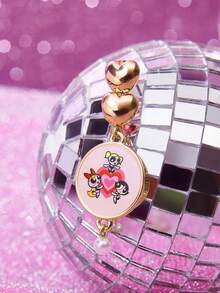 THE POWERPUFF GIRLS X SHEIN 1 Pair Cartoon Girl Zinc Alloy Enamel Heart Rose Gold Stud Earrings, Luxury Niche, Exquisite And Elegant, Casual Chic, Suitable For Party, Concert, Festival - Pink gold - View 4