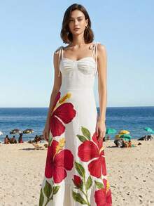 CAJUNI 女士热带度假刺绣花卉连衣裙 - 杏色 - 查看 1