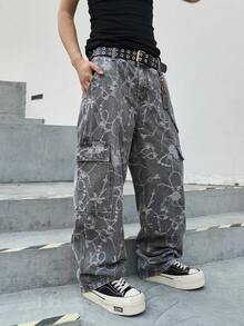 Manfinity EMRG Quần jeans nam dáng casual đường phố, bản rộng, chất liệu jacquard, có nơ và túi nắp gập, không kèm thắt lưng. - Xám - Xem 5