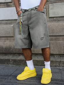 Manfinity EMRG Men's Light Blue Washed Vintage Distressed Loose Casual Denim Shorts - Light Grey - View 1