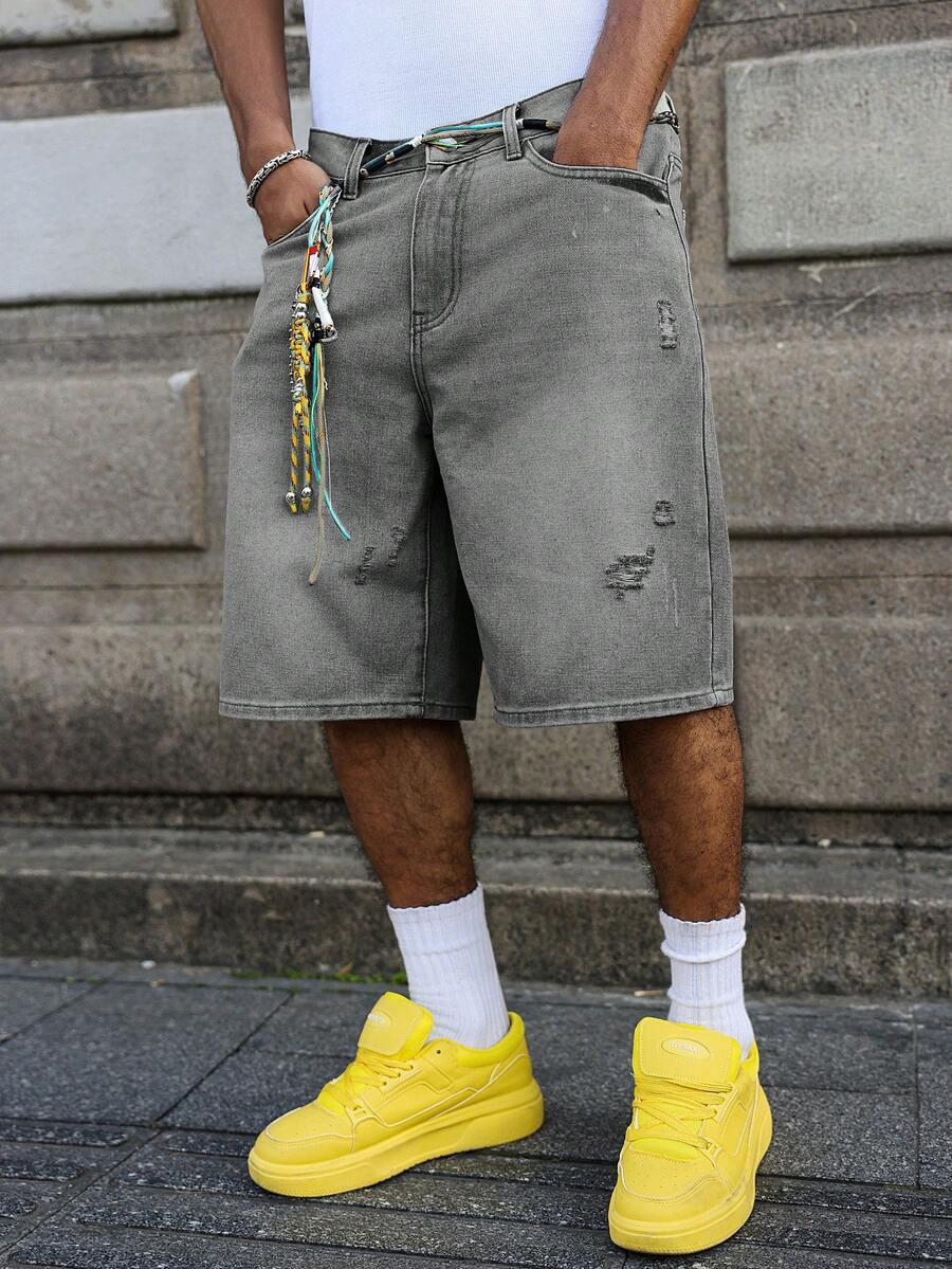 Manfinity EMRG Men's Light Blue Washed Vintage Distressed Loose Casual Denim Shorts - Light Grey - View 1