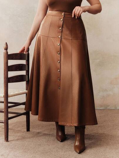 Anewsta Plus Size Women's New PU Brown A-Line Flared Street Style Elegant Skirt, Suitable For Concerts
