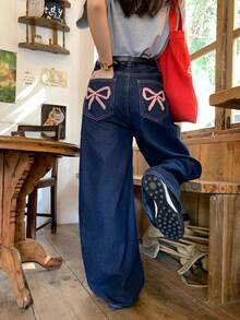 DAZY Women's Washed Bow Denim Jeans, Casual Retro Street Style - Blue - View 5