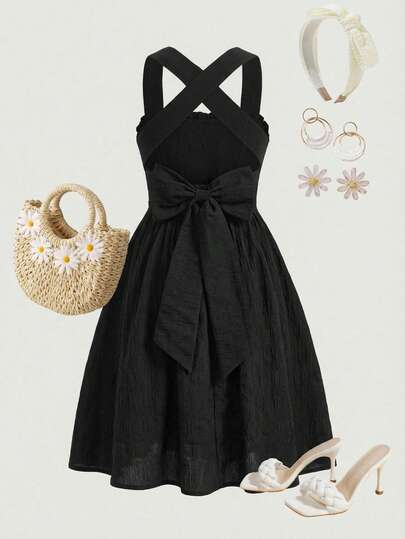 SHEIN Girlism 少女露背镂空大蝴蝶结装饰交叉肩带无袖连衣裙