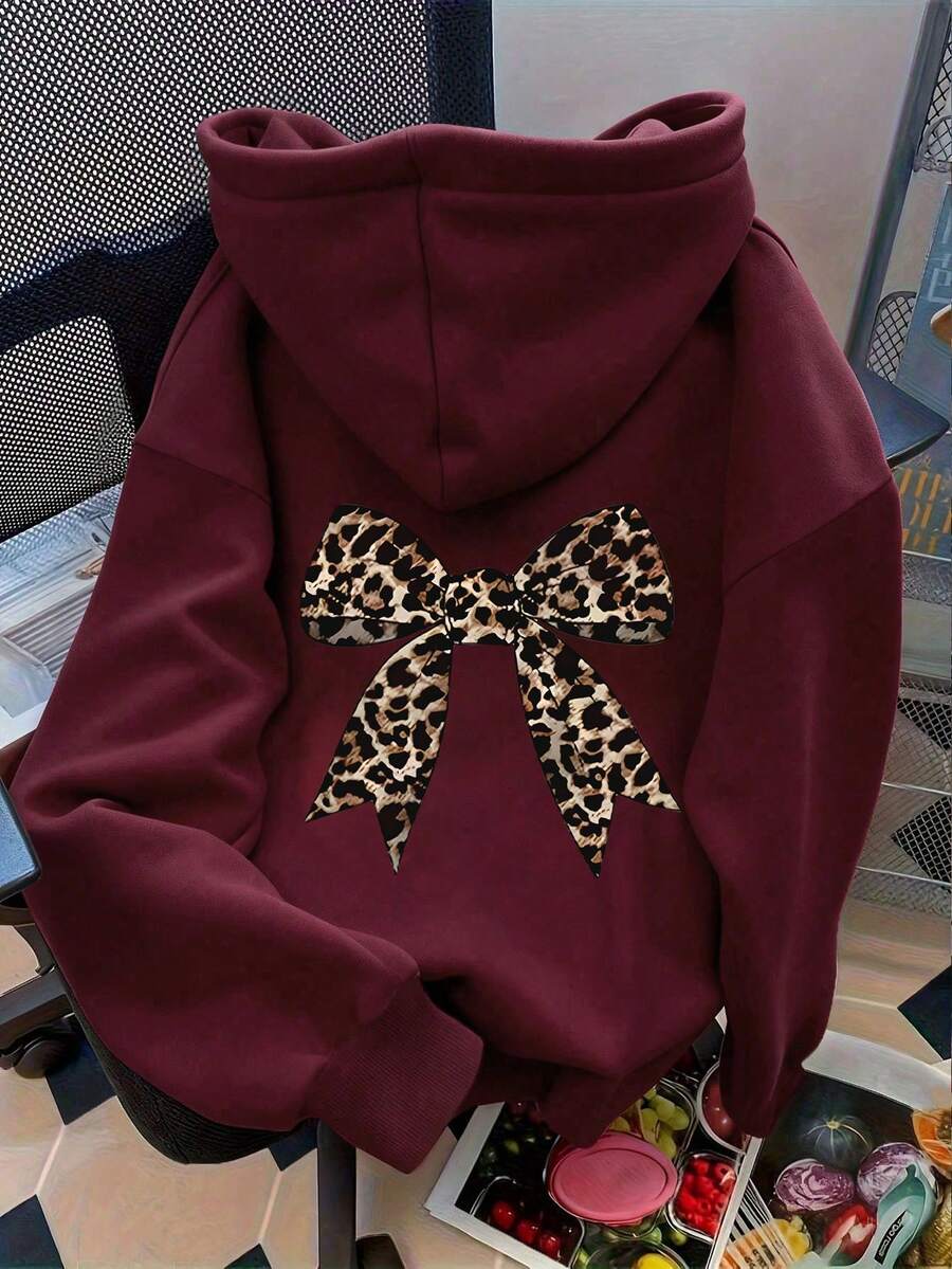 Resyla 女士连帽豹纹蝴蝶结装饰休闲通勤长袖卫衣，秋冬款 - 酒紅色 - 查看 1