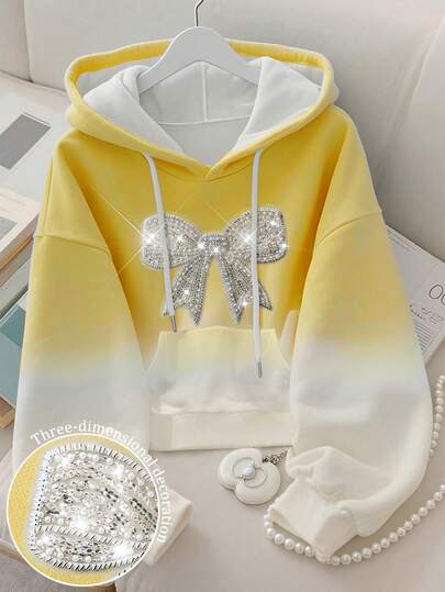 Resyla Elegant Bow Embroidered, Digital Ombre Fashionable Minimalist Women Sweatshirt Long Sleeve Sweatshirt, Gift For Friends, Autumn/Winter