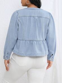 EMERY ROSE Plus Size Women's Light Blue Autumn Smart Casual Everyday Single-Breasted Peplum Hem Cropped Denim Jacket,Oversized Jean Jacket For Commute - Blue - View 2