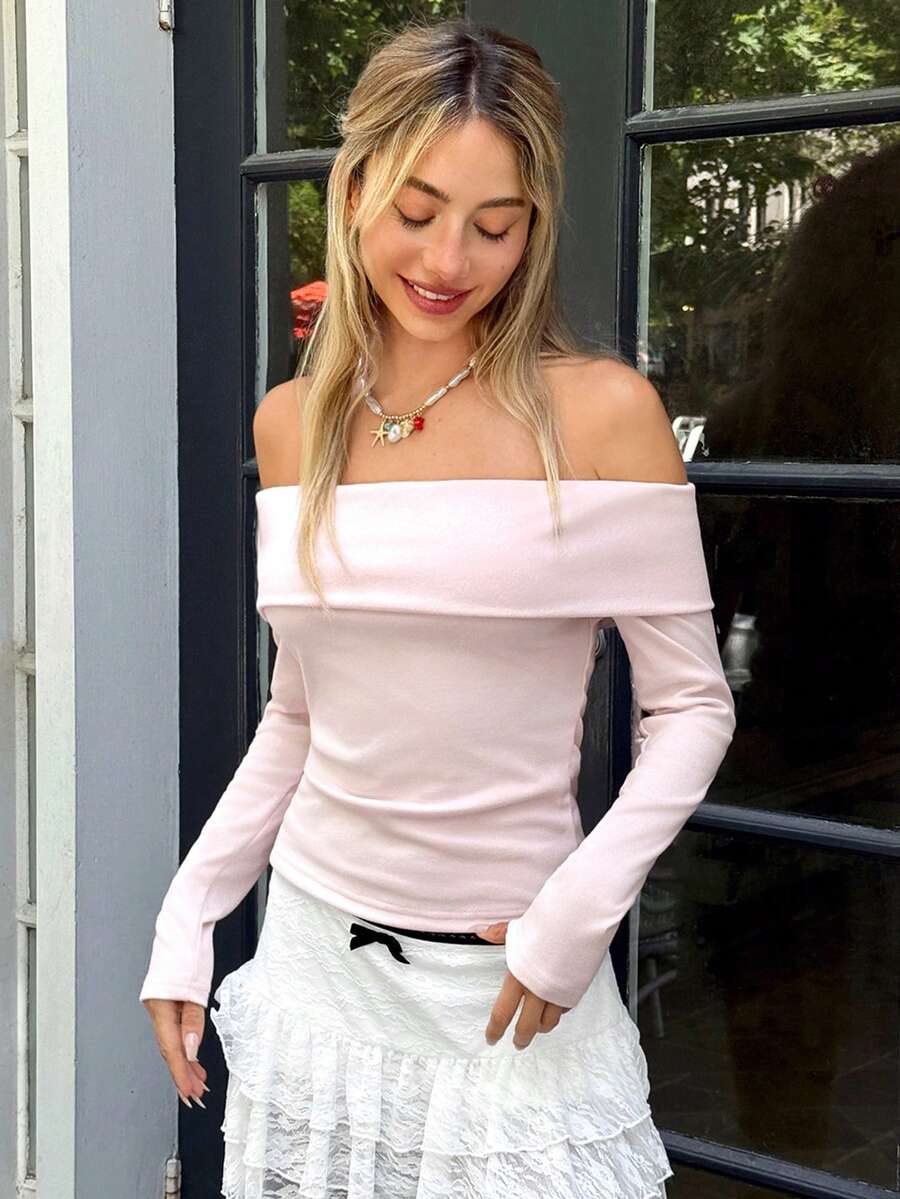 CovetEZ Pink Knitted Off-Shoulder Fitted T-Shirt For Women