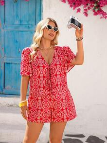 Vivid Eden Bộ đồ 2 món cỡ lớn mùa hè, in họa tiết toàn thân, buộc dây phía trước, gồm áo tay ngắn và quần short. - Đỏ - Xem 5