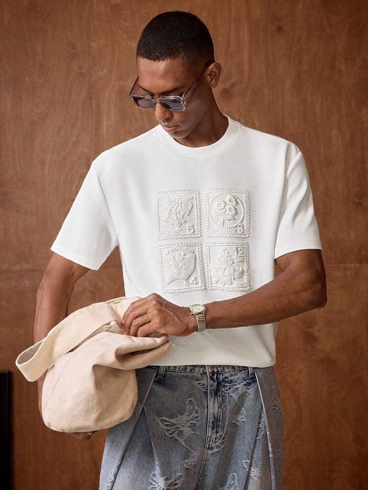 Men's Casual White Embroidered Short Sleeve T-Shirt, Summer Men's Religious Shirt Men's Tshirts Men's Cream Graphic Tee Men Men's 100 Shirts Vintage Men T Shirts Matching