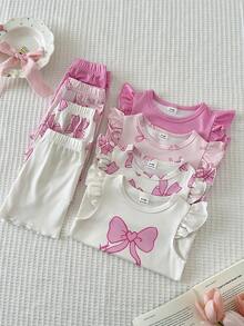 Souflis Souflis 8pcs/Set Baby Girls 0-3 Years Spring/Summer Casual Daily Wear Cute Ballet Girl Sleeveless Tee Shirt & Shorts 8pcs Outfit Set - Pink - View 5