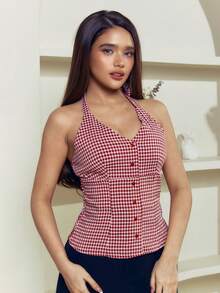 Criza Taa 格子印花纽扣前吊带背心，学校风 - 紅色 - 查看 3