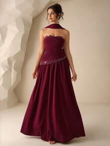Coutiva Women's Elegant Crystal Embellished Formal Evening Gown - Burgundy - View 1