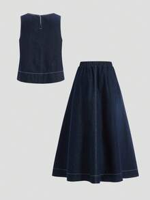 SHEIN MOD 女士时尚牛仔背心和半裙套装 女士夏季套装 春季穿搭 情人节穿搭 沙滩套装 生日穿搭 外出套装 夏季度假穿搭 经典女士牛仔蓝无袖上衣和A字长裙两件套 - 深色水洗藍 - 查看 2