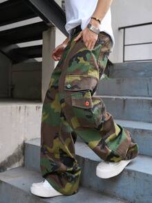 Manfinity Roghcode 男士工装迷彩休闲宽松牛仔阔腿裤 - 軍綠色 - 查看 5