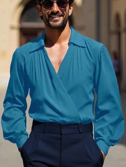 Manfinity AFTRDRK Men's Casual Vacation Style Solid Color Surplice V-Neck Lantern Sleeve Shirt, Spring/Autumn For Men Blue Tops For Men Blouses For Men Royal Blue Dress Shirt Men Turquoise Clothes Men Teal Shirt For Men Old Money,Daily Leisure, Weekend Trips, Outdoor Activities, Travel Expeditions, Relaxed Work Environments Or Semi-Formal Occasions, Boyfriend/Husband Gift, Anniversary /Birthday Gift Party Summer Vacation Holiday New Years Wedding Valentine's Day