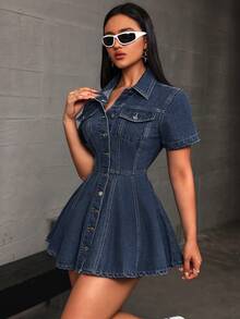 Rivivi Women's Short Sleeve Single-Breasted Casual Denim Shirt Dress - Navy Blue - View 3