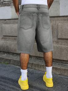 Manfinity EMRG Men's Light Blue Washed Vintage Distressed Loose Casual Denim Shorts - Light Grey - View 2