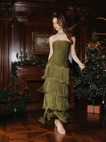 Anewsta Women's Elegant Rhinestone Fringe Strapless Waist Cinching Long Party Dress