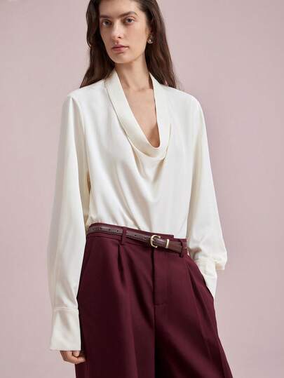 Ontre 2026SS Women's Comfortable, Skin-Friendly Matte Broken Card Fabric Shirt, Loose Fit, Turndown Collar, Long Sleeve, Front Center Placket Design, Minimalist Urban Casual Business Chic Office Wear, High-Quality Designer Simplicity Series Top Valentine's Day Special Design High-End, Elegant, Old-Fashioned Cruise Attire For Wedding Guests Modern Urban Casual Fashion Business Casual Women's Office Wear Low-Key Old Money Style Effortless Temperament High-End Urban Commuting High-Quality Airport Blouses