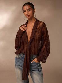 Glamine Lace Blouse, Sheer Lace Blouse, V-Neck Long Sleeve Sheer Lace Blouse - Brown - View 6