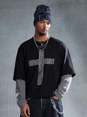 Street Life Herren Kontrast-Farbiges Langarm T-Shirt mit Fake Zweiteiler, Silbernem Kreuz und Strass Dekor